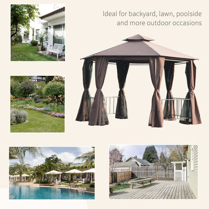 outsunny-hexagon-gazebo-patio-canopy-party-tent-outdoor-garden-shelter-w-2-tier-roof-side-panel-brown