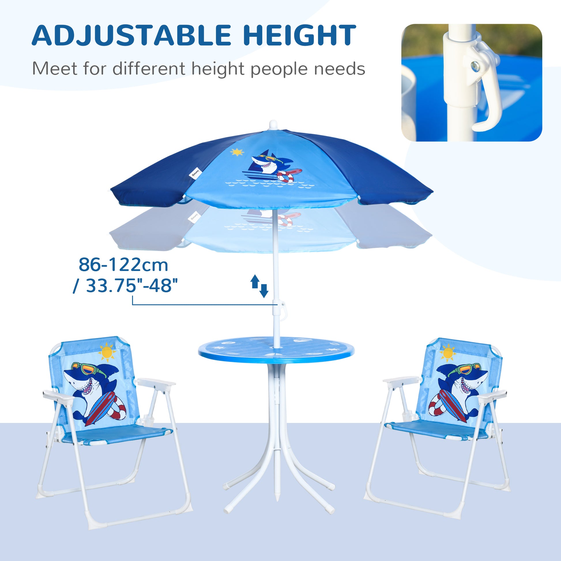 outsunny-kids-picnic-table-chair-set-outdoor-folding-garden-furniture-w-shark-design-removable-adjustable-sun-umbrella-ages-3-6-years-blue