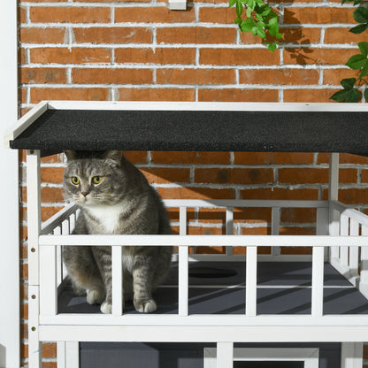 PawHut Cats Fir Wood 3-Tier Waterproof Play House Grey