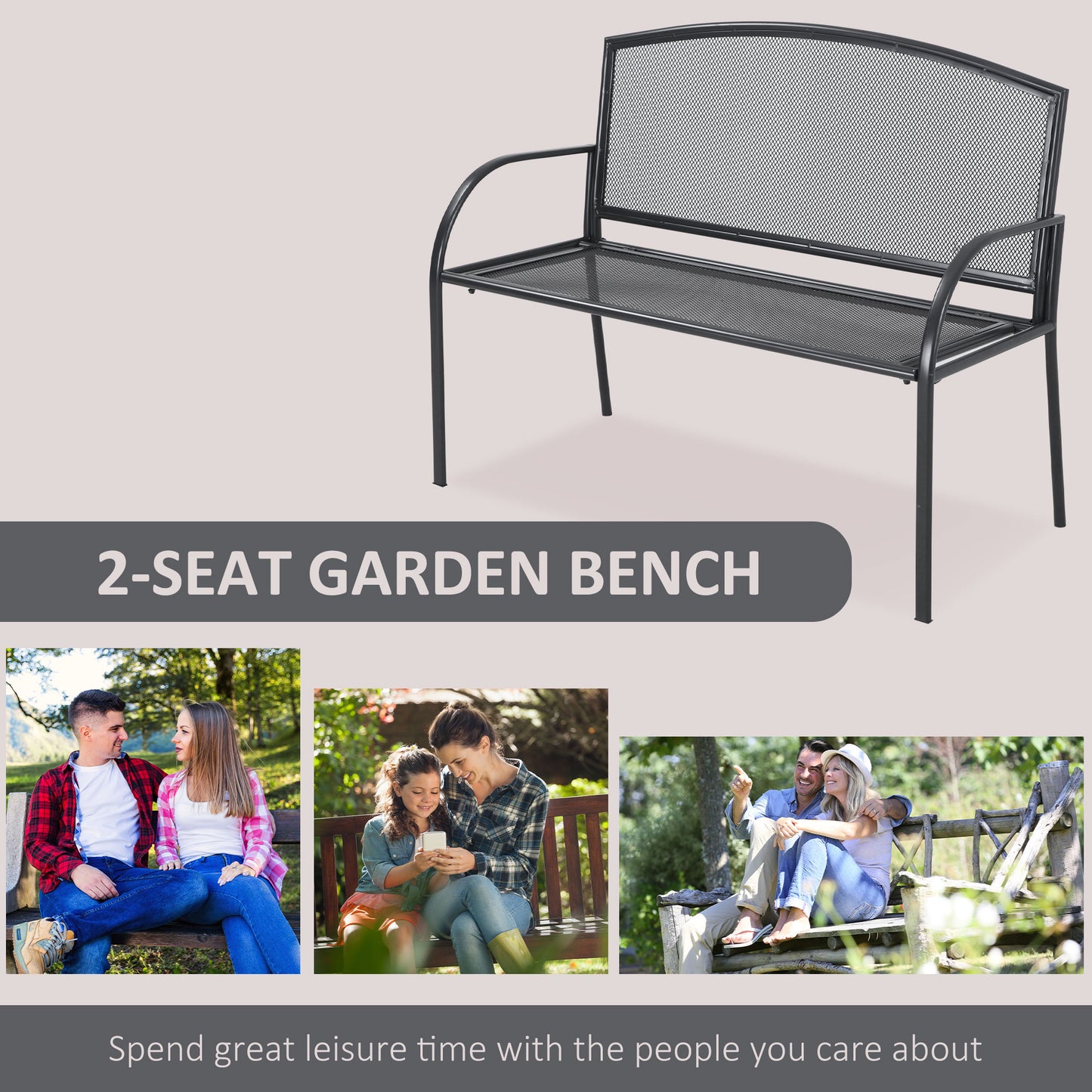 outsunny-metal-outdoor-bench-2-seater-outdoor-furniture-chair-loveseat-for-patio-park-porch-and-lawn-grey