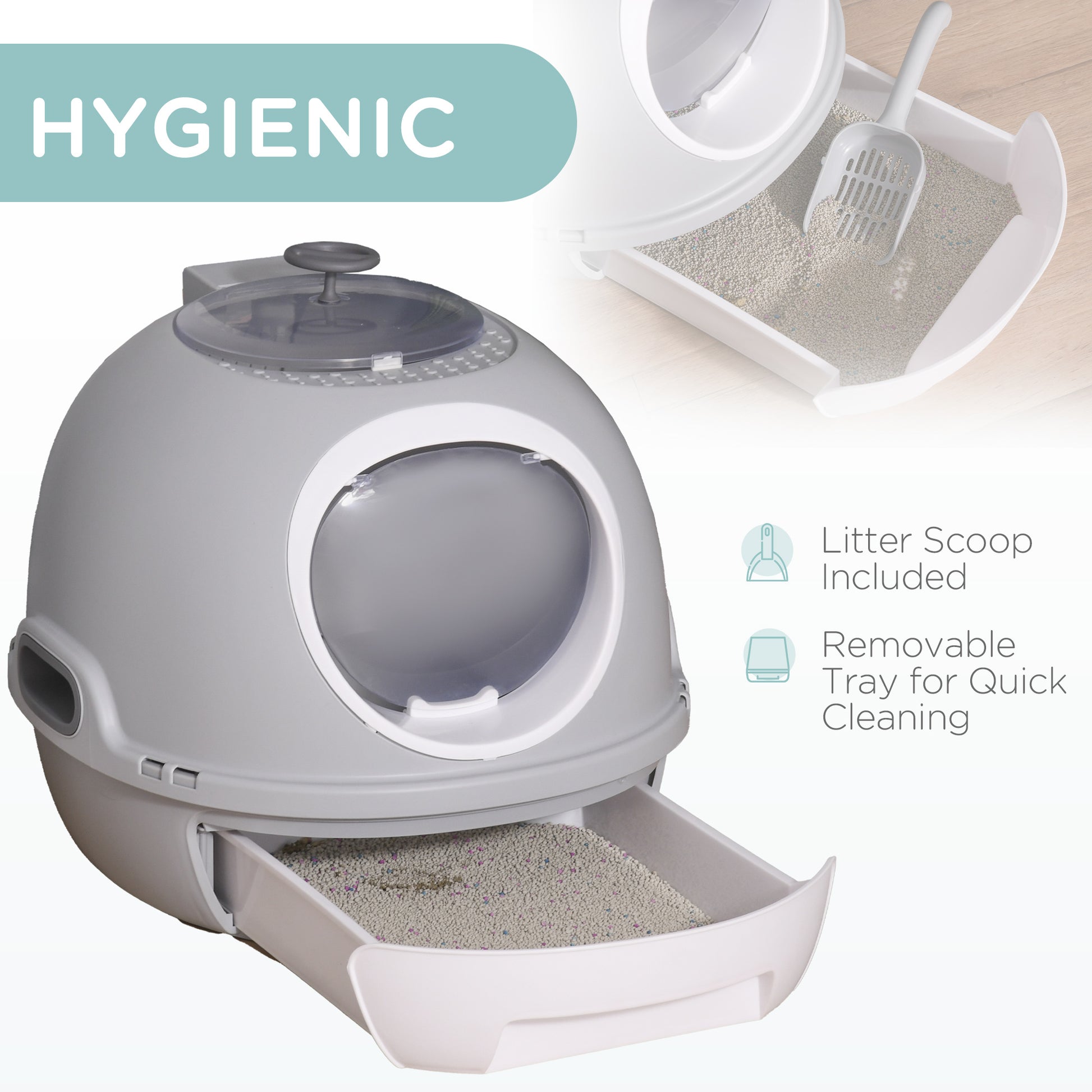 PawHut Cat Litter Box Toilet With Litter Scoop Enclosed Drawer Skylight Easy To Clean Grey