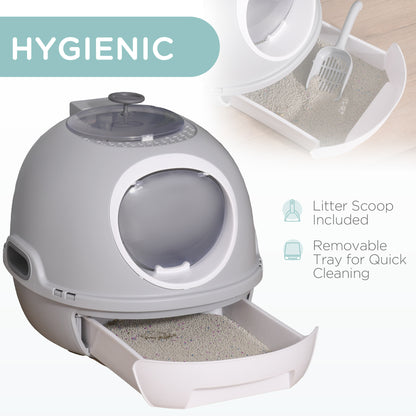 PawHut Cat Litter Box Toilet With Litter Scoop Enclosed Drawer Skylight Easy To Clean Grey