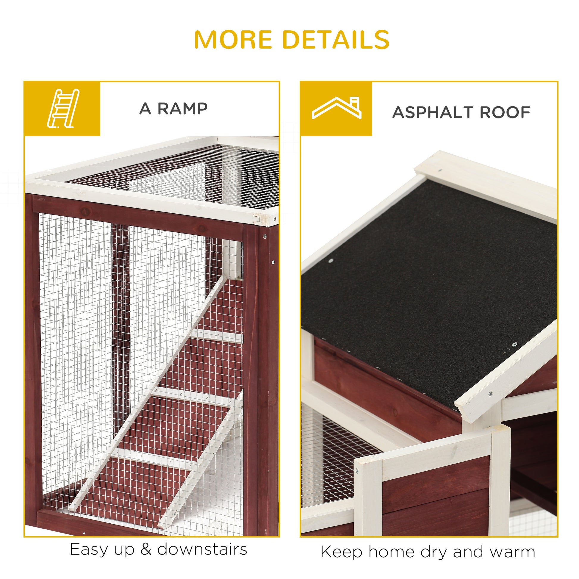 PawHut 122 Wooden Rabbit Hutch Bunny Cage with Waterproof Asphalt Roof, Fun Outdoor Run, Removable Tray and Ramp, Brown