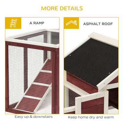 PawHut 122 Wooden Rabbit Hutch Bunny Cage with Waterproof Asphalt Roof, Fun Outdoor Run, Removable Tray and Ramp, Brown
