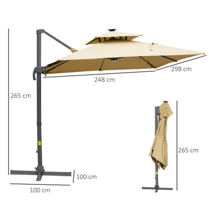 outsunny-3m-cantilever-roma-parasol-adjustable-garden-sun-umbrella-with-solar-led-tilt-and-crank-handle-cross-base-for-lawn-khaki