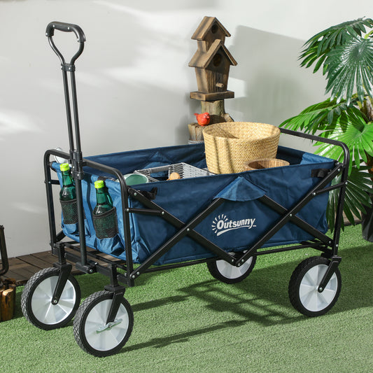 outsunny-pull-along-cart-folding-cargo-wagon-trailer-trolley-for-beach-garden-use-with-telescopic-handle-blue