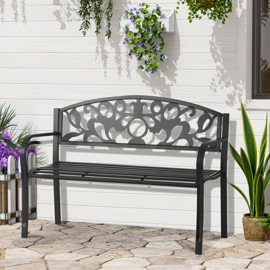 outsunny-2-seater-outdoor-patio-garden-metal-bench-park-yard-furniture-porch-chair-seat-black-128l-x-91h-x-50w-cm