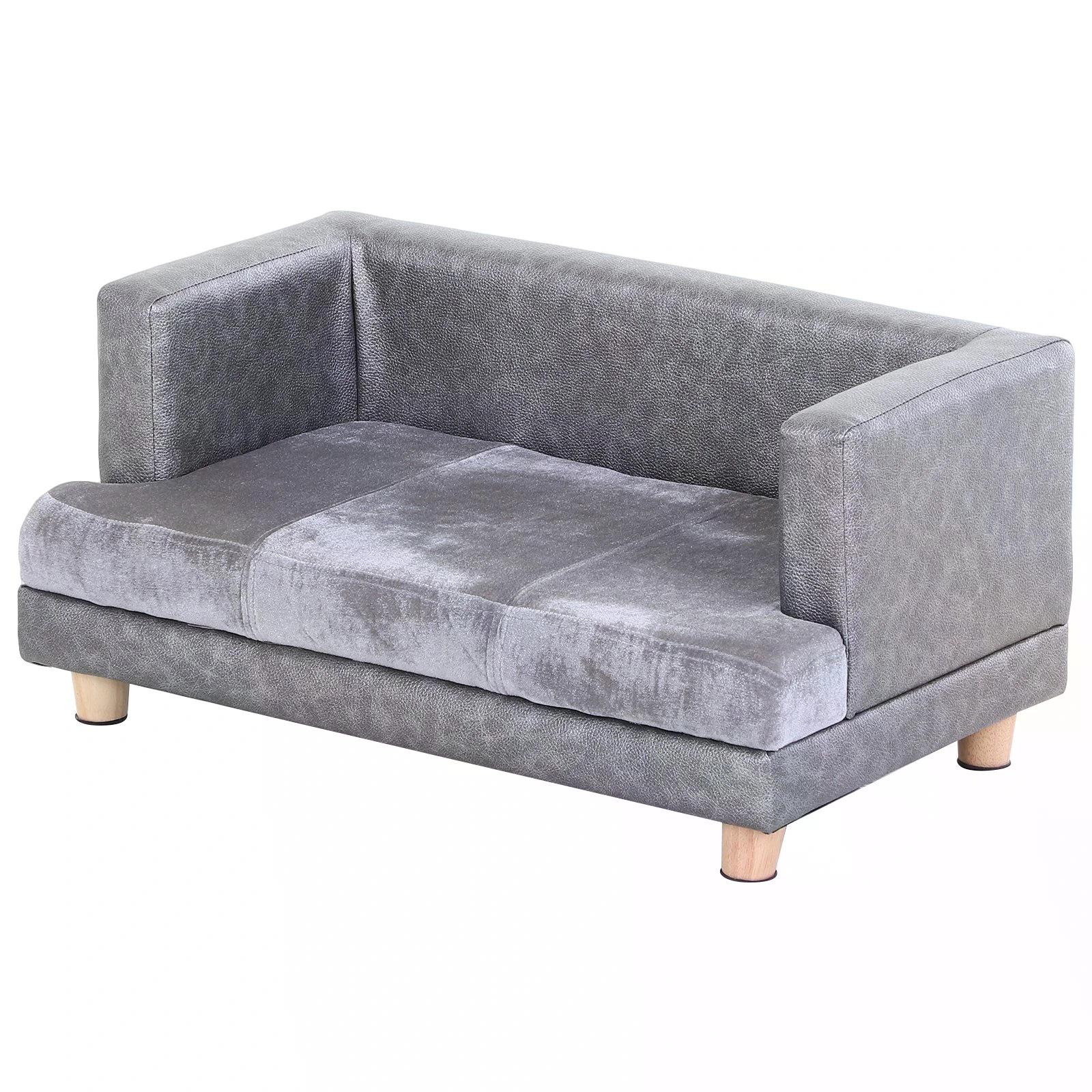 PawHut PU Leather Elevated Pet Dogs Sofa Bed Grey