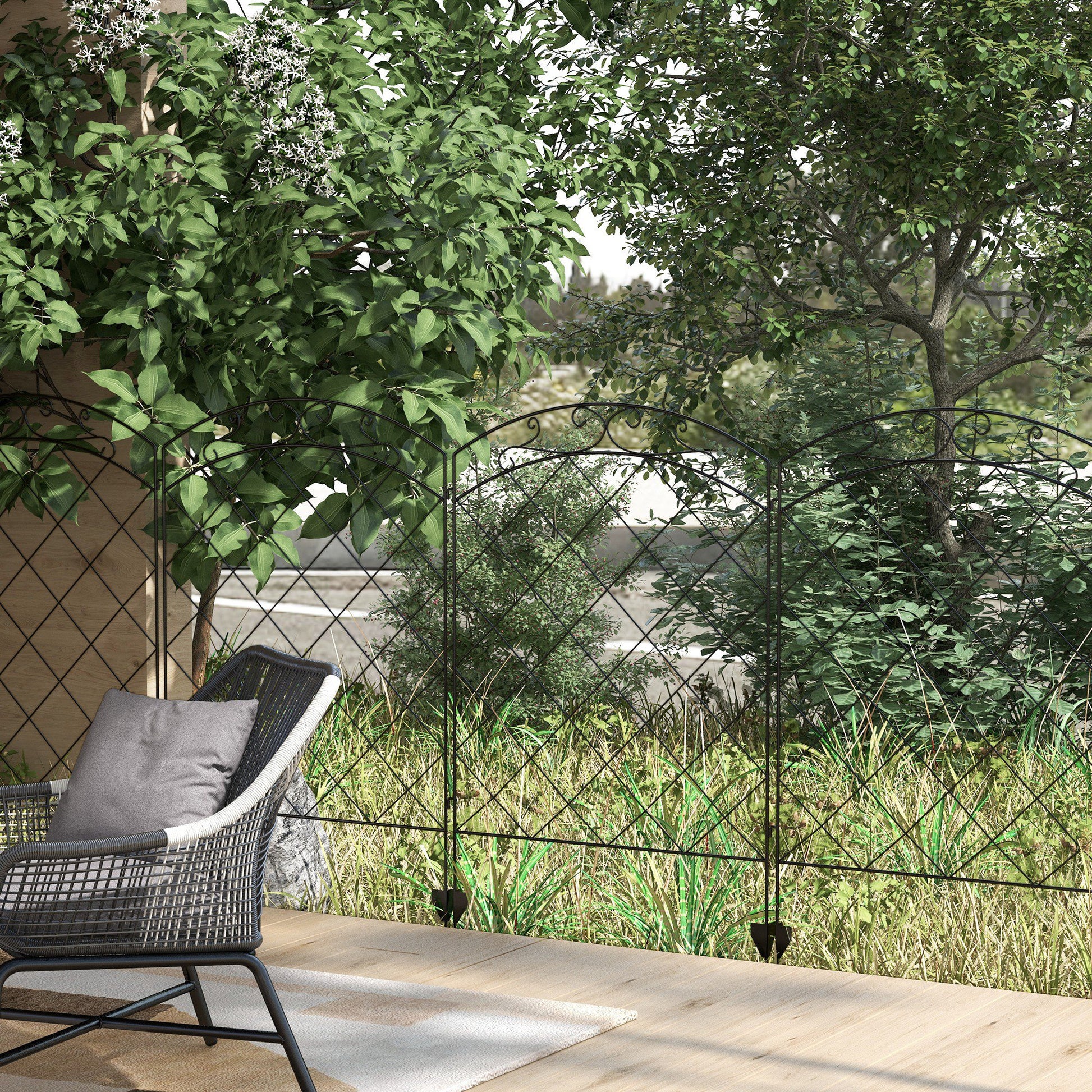 outsunny-steel-decorative-swirls-outdoor-picket-fence-panels-set-of-4-black