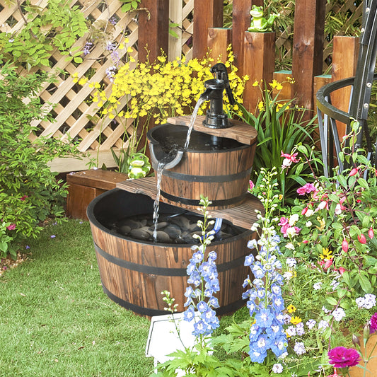 outsunny-wooden-water-pump-fountain-cascading-feature-barrel-garden-deck-2-tier