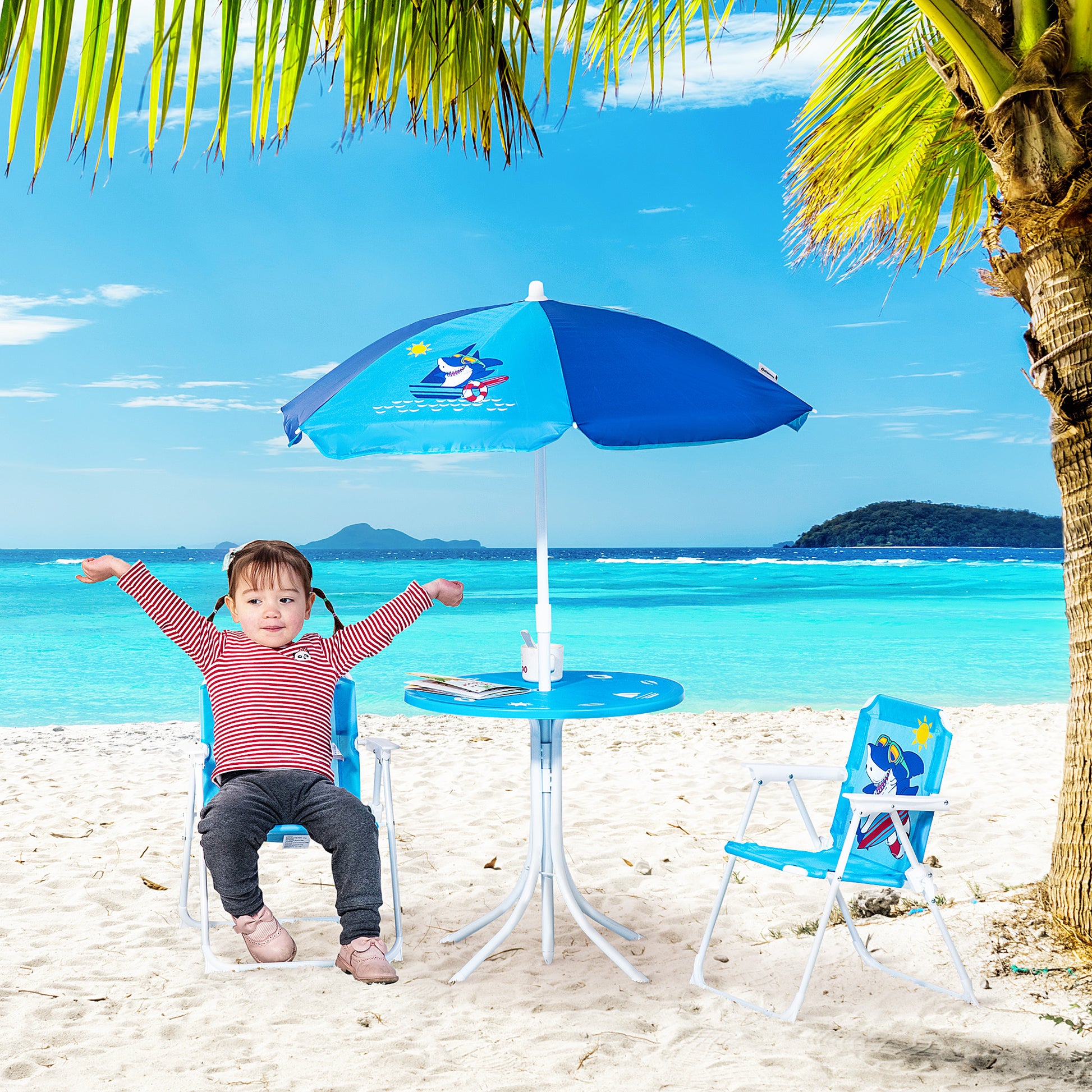 outsunny-kids-picnic-table-chair-set-outdoor-folding-garden-furniture-w-shark-design-removable-adjustable-sun-umbrella-ages-3-6-years-blue