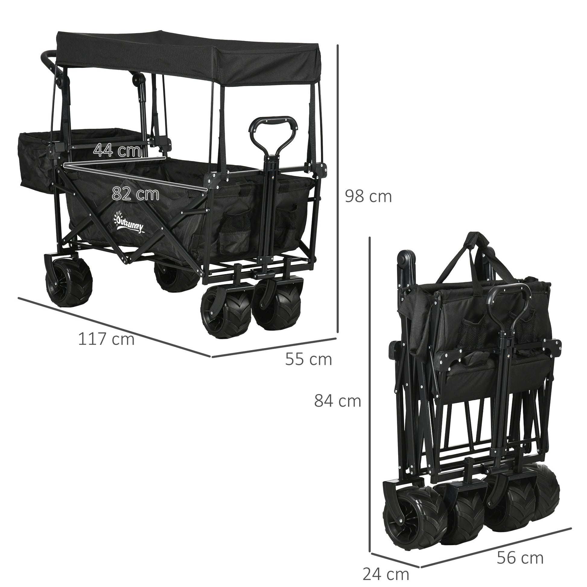 outsunny-folding-trolley-cart-storage-wagon-beach-trailer-4-wheels-with-handle-overhead-canopy-cart-push-pull-for-camping-black