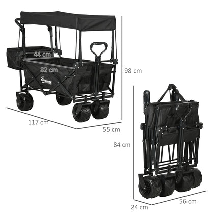 outsunny-folding-trolley-cart-storage-wagon-beach-trailer-4-wheels-with-handle-overhead-canopy-cart-push-pull-for-camping-black