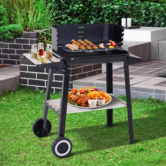 outsunny-bbq-grill-trolley-charcoal-bbq-barbecue-grill-outdoor-patio-garden-heating-smoker-with-side-trays-storage-shelf-and-wheels