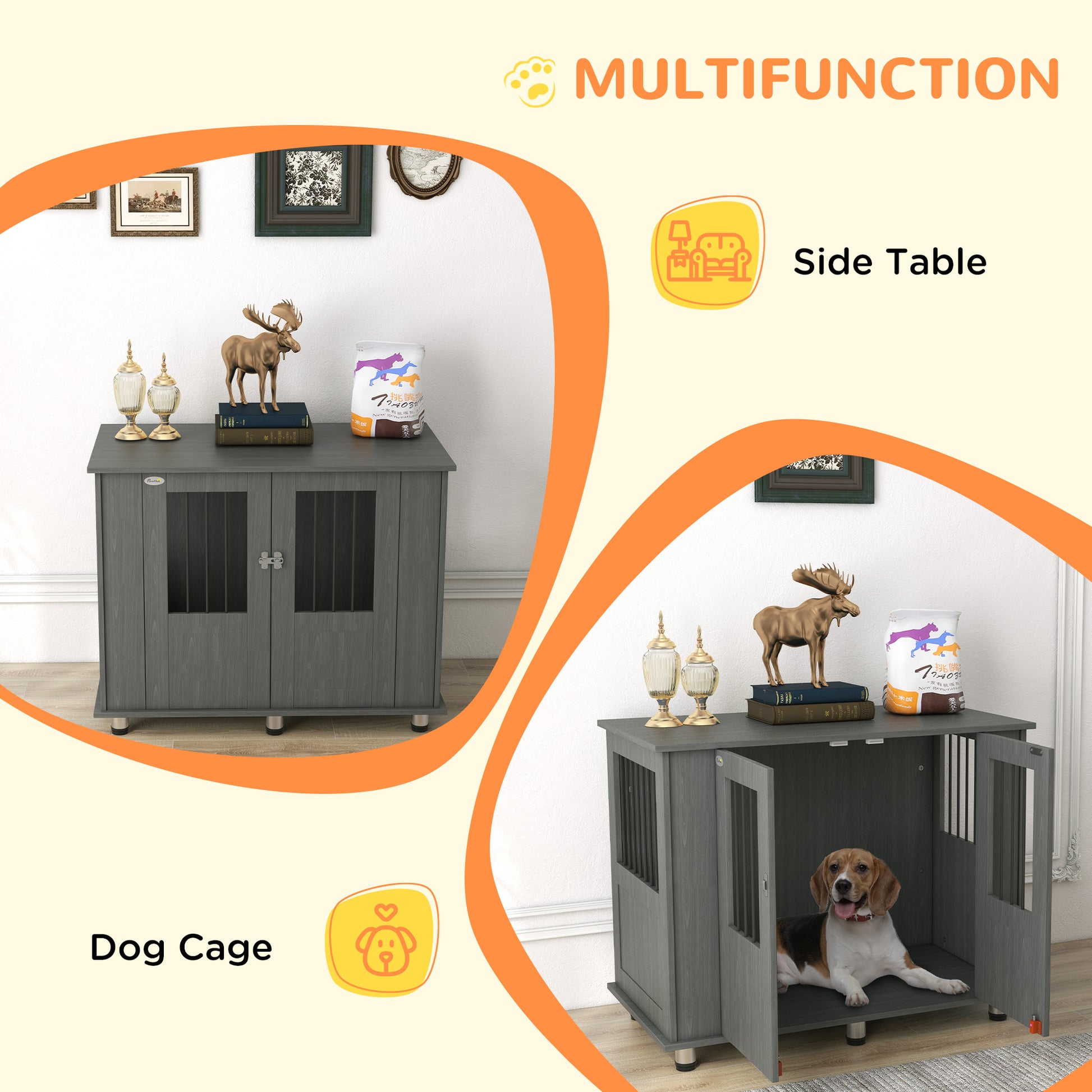 PawHut Dog Crate Table for Medium and Large Dogs with Magnetic Door for Indoor Use, 100 x 55 x 80 cm, Grey