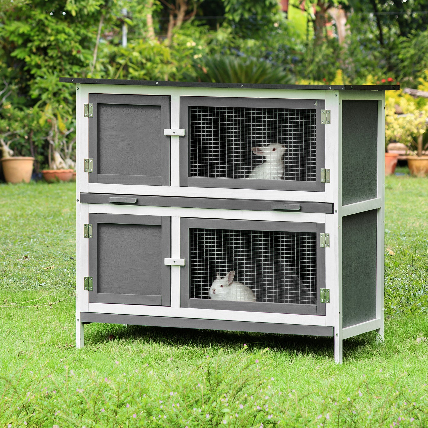 PawHut Double Decker Rabbit Hutch 2-Tier Guinea Pig House Pet Cage Outdoor with Sliding-out Tray Asphalt Roof Ramp, 100x47x91cm, Grey