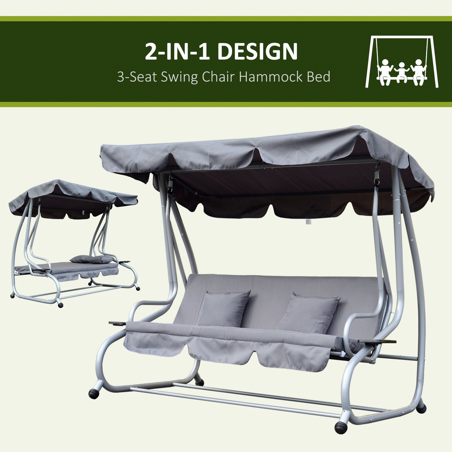 outsunny-2-in-1-garden-swing-seat-bed-3-seater-swing-chair-hammock-bench-bed-with-tilting-canopy-and-2-cushions-grey