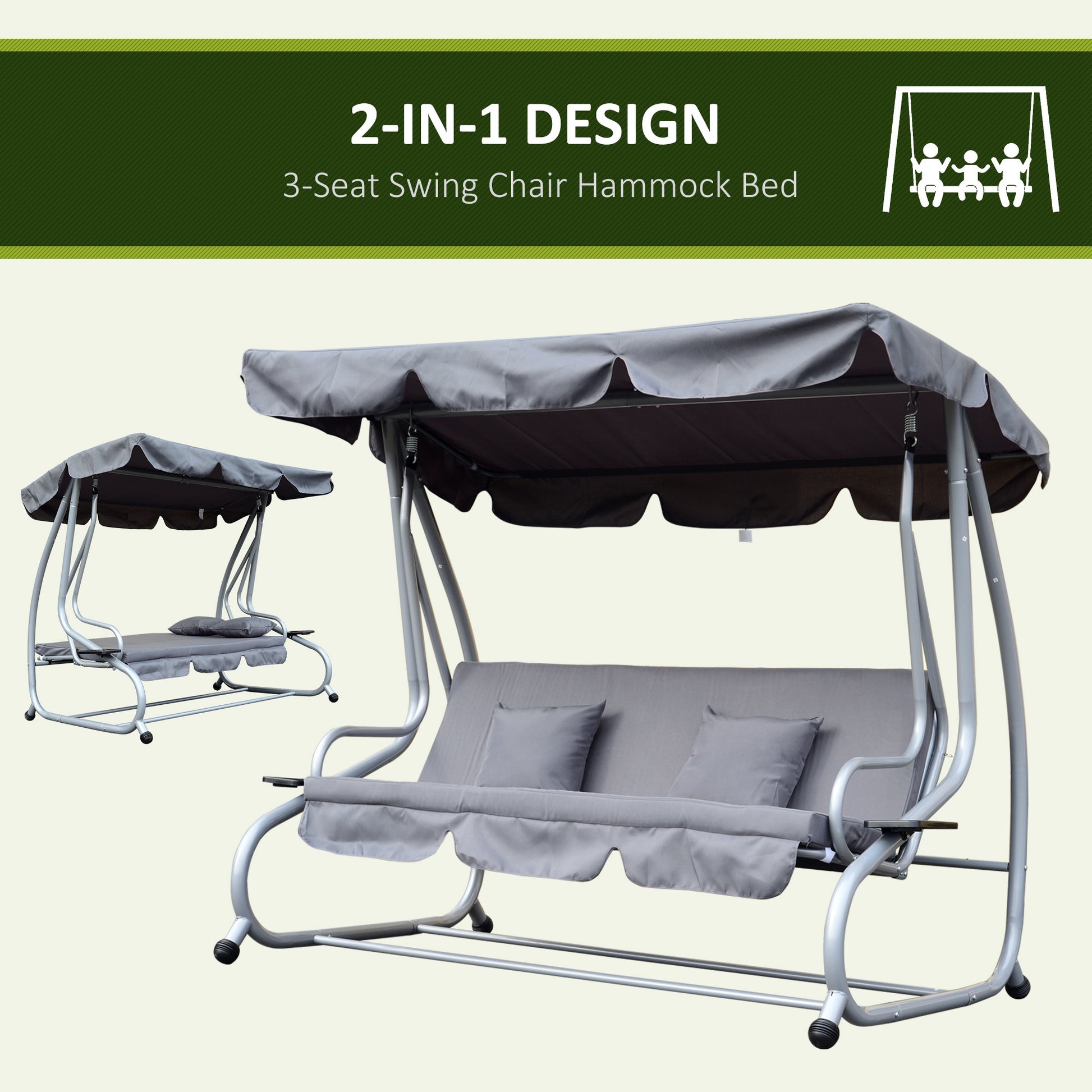 outsunny-2-in-1-garden-swing-seat-bed-3-seater-swing-chair-hammock-bench-bed-with-tilting-canopy-and-2-cushions-grey