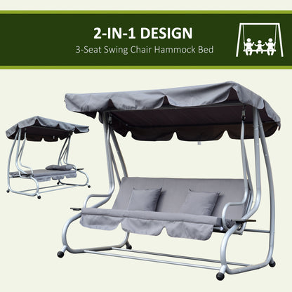 outsunny-2-in-1-garden-swing-seat-bed-3-seater-swing-chair-hammock-bench-bed-with-tilting-canopy-and-2-cushions-grey