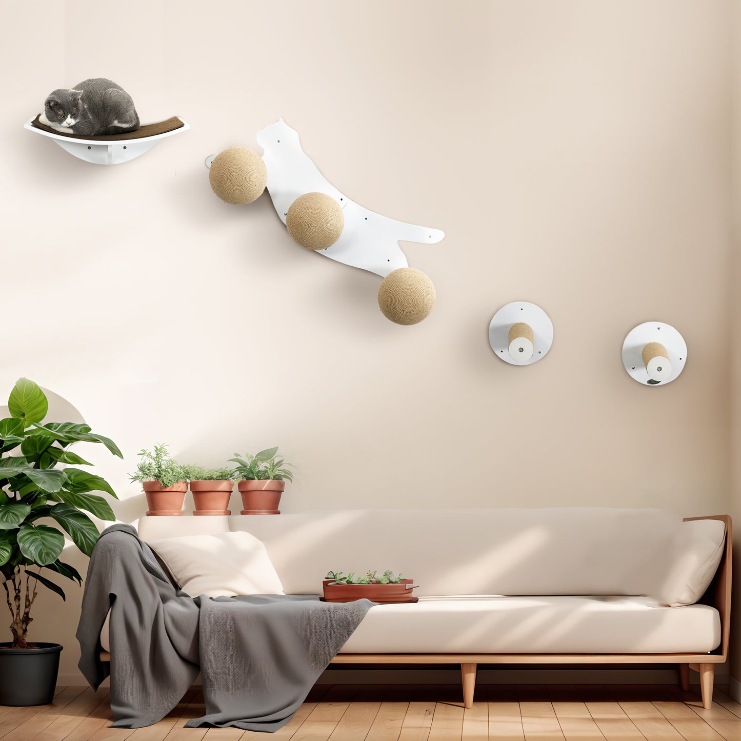 PawHut 4 Pieces Wall Mounted Cat Shelves, Cat-shaped Platform with Three Scratching Balls, Cat Wall Furniture with Scratching Posts, White