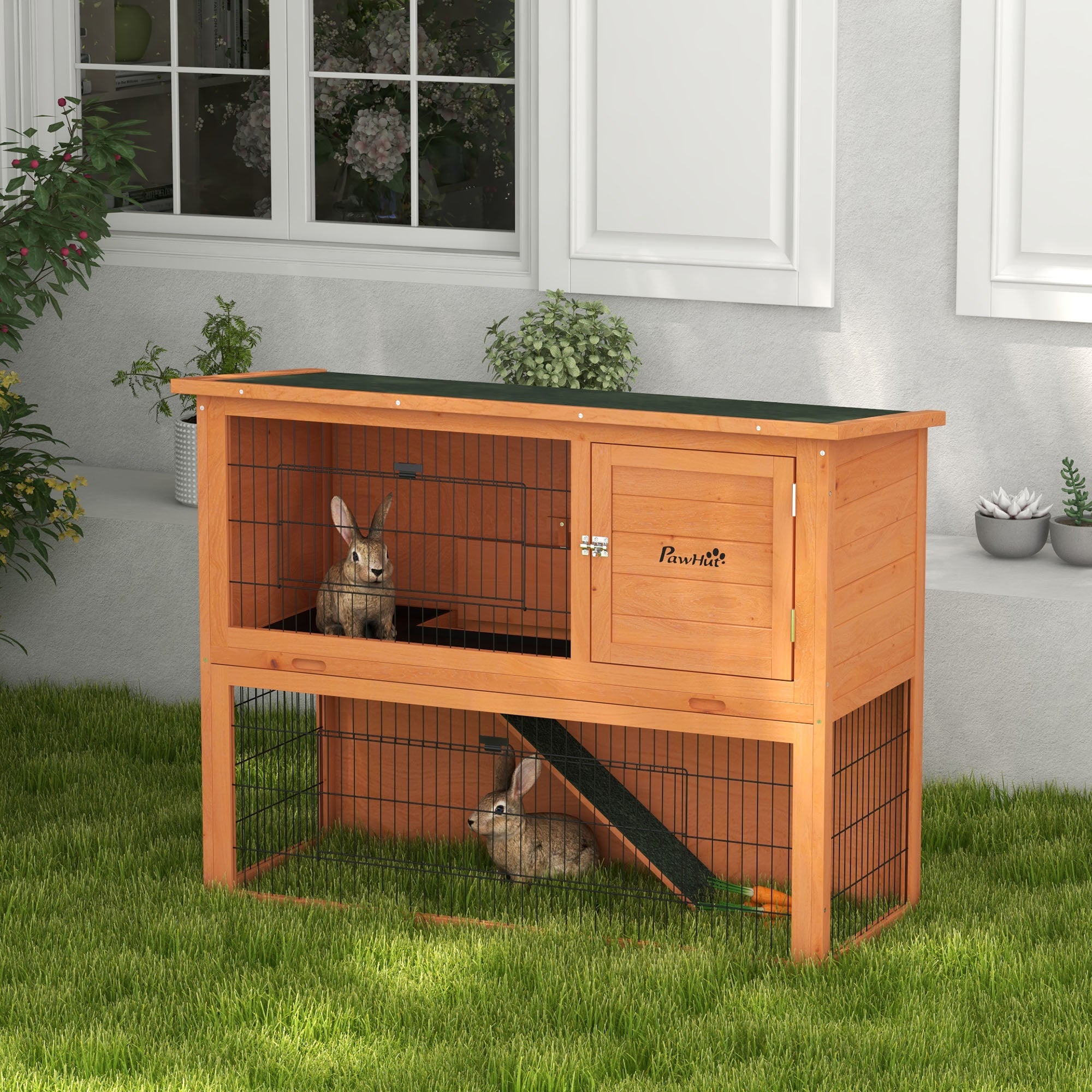 PawHut 2 Tier Antiseptic Wood Rabbit Hutch with Run Outdoor 92cm Orang ...