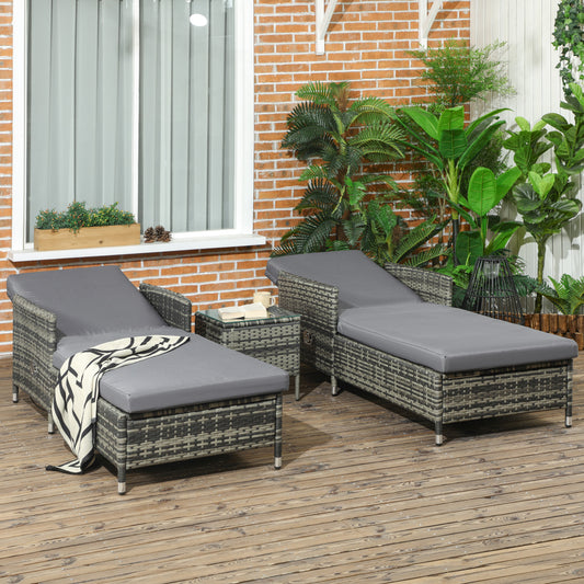 outsunny-3-pieces-rattan-sun-lounger-patio-chaise-lounge-chair-set-with-adjustable-backrest-soft-cushions-glass-top-table-grey