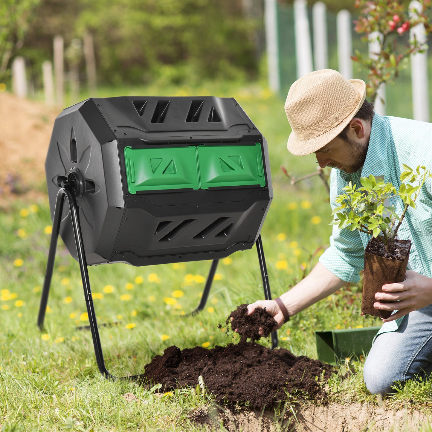 outsunny-160l-tumbling-compost-bin-outdoor-dual-chamber-360-rotating-composter-w-sliding-doors-solid-steel-frame-black