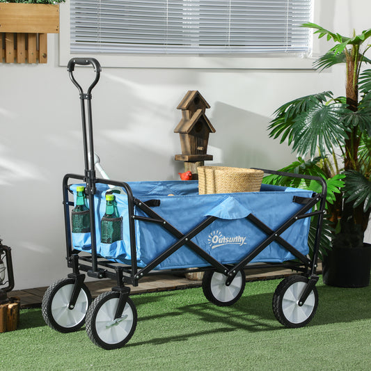 outsunny-garden-trolley-cart-folding-cargo-wagon-trailer-trolley-for-beach-garden-use-with-telescopic-handle-blue