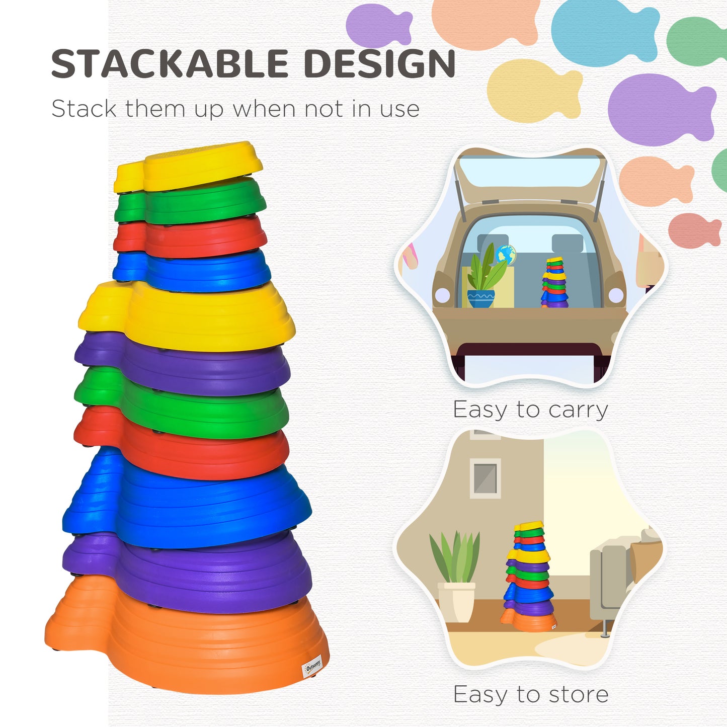 outsunny-kids-balance-stepping-stones-11-piece-fish-shape-non-slip-obstacle-course-stackable-balance-blocks-exercise-toddler-balance-multicoloured