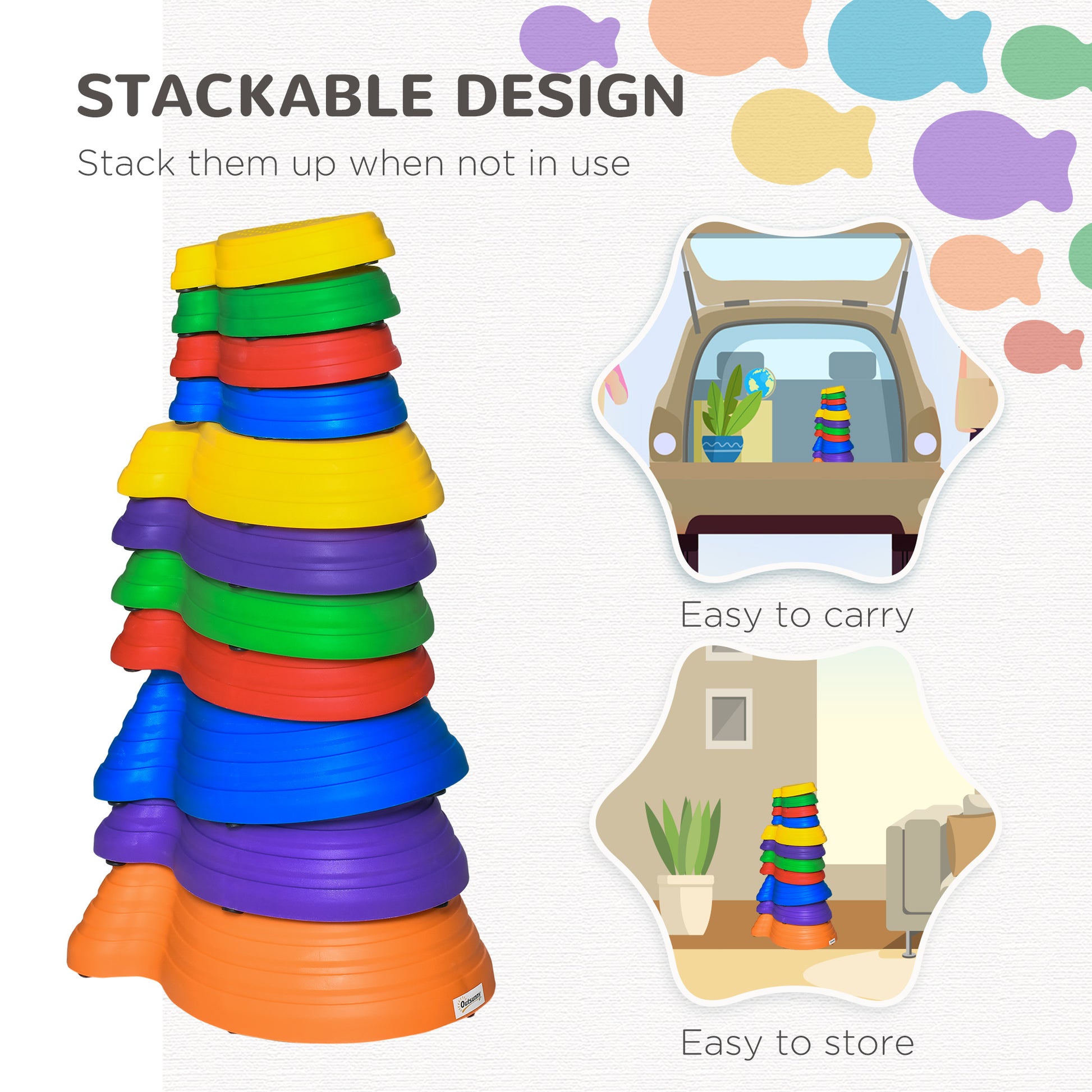 outsunny-kids-balance-stepping-stones-11-piece-fish-shape-non-slip-obstacle-course-stackable-balance-blocks-exercise-toddler-balance-multicoloured