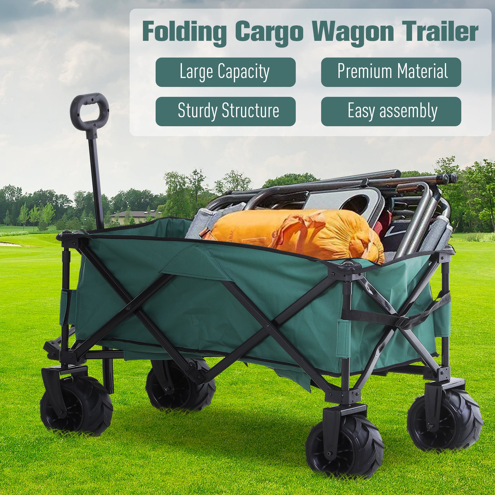 outsunny-outdoor-pull-along-cart-folding-cargo-wagon-trailer-trolley-for-beach-garden-use-with-telescopic-handle-anti-slip-wheel-green