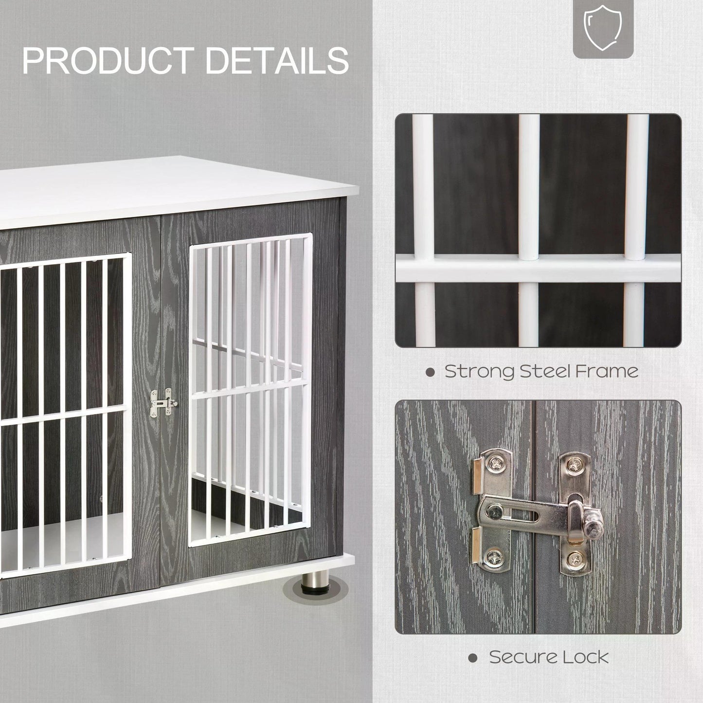 PawHut Dog Crate, Wooden Pet Kennel Cage with Lockable Door and Adjustable Foot Pads, Modern Design, Grey and White