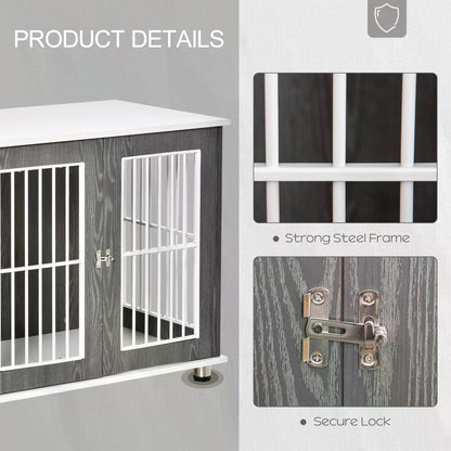PawHut Dog Crate, Wooden Pet Kennel Cage with Lockable Door and Adjustable Foot Pads, Modern Design, Grey and White
