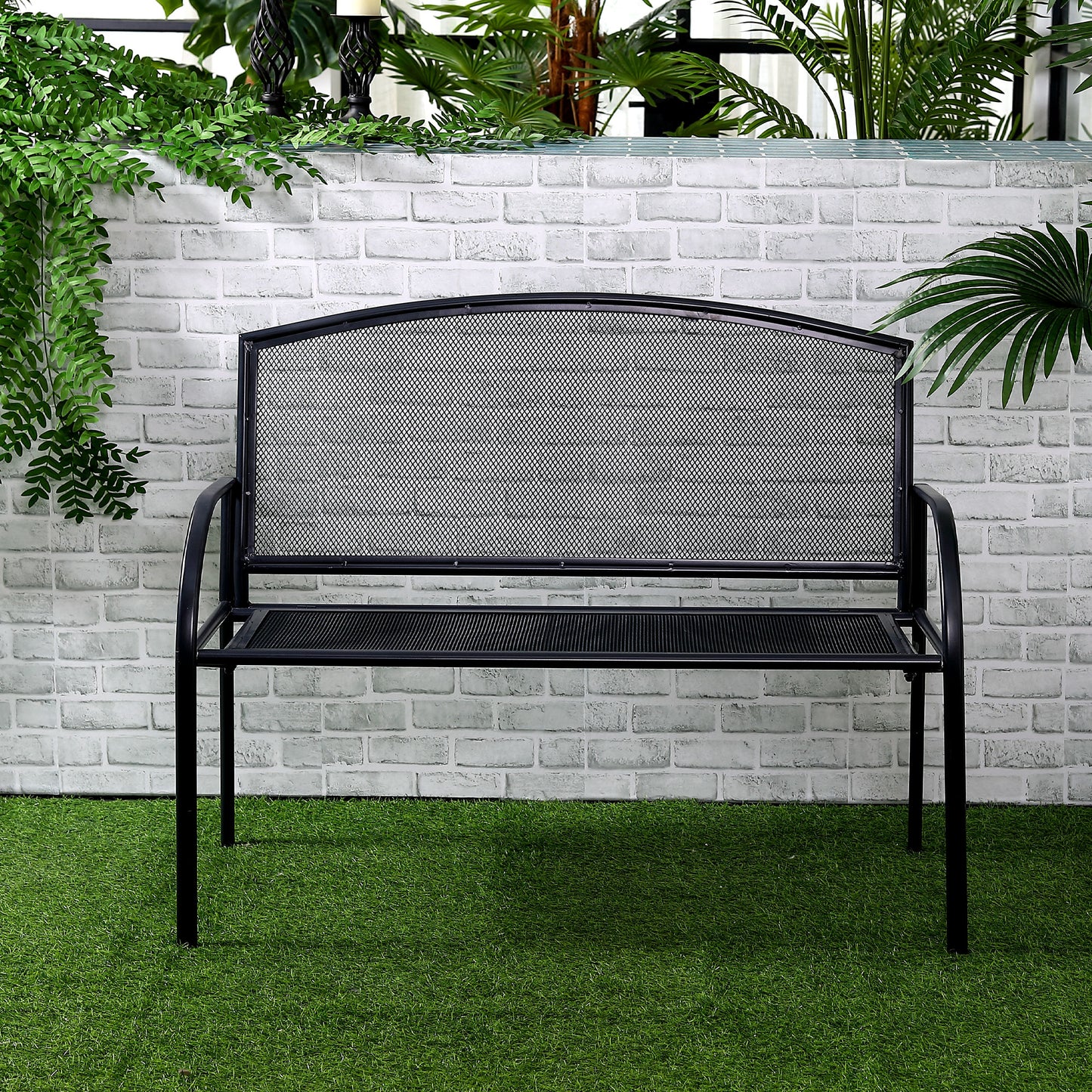 outsunny-metal-outdoor-bench-2-seater-outdoor-furniture-chair-loveseat-for-patio-park-porch-and-lawn-grey