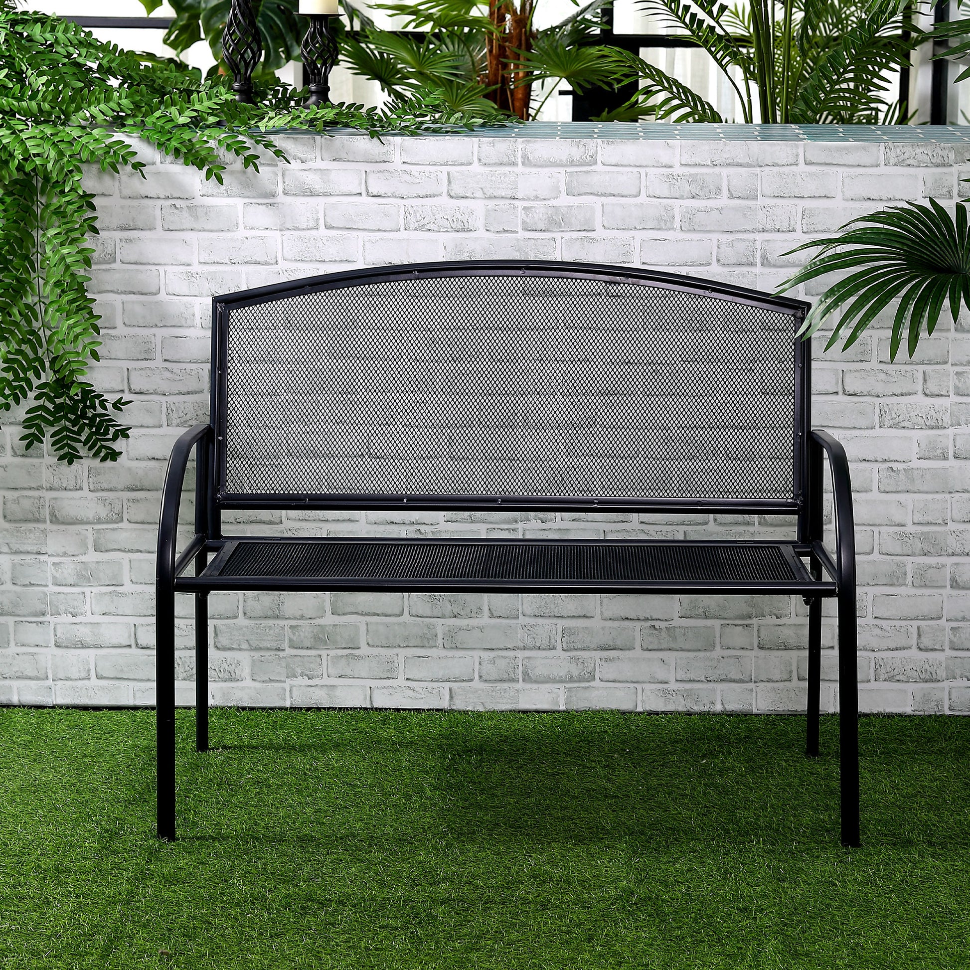 outsunny-metal-outdoor-bench-2-seater-outdoor-furniture-chair-loveseat-for-patio-park-porch-and-lawn-grey