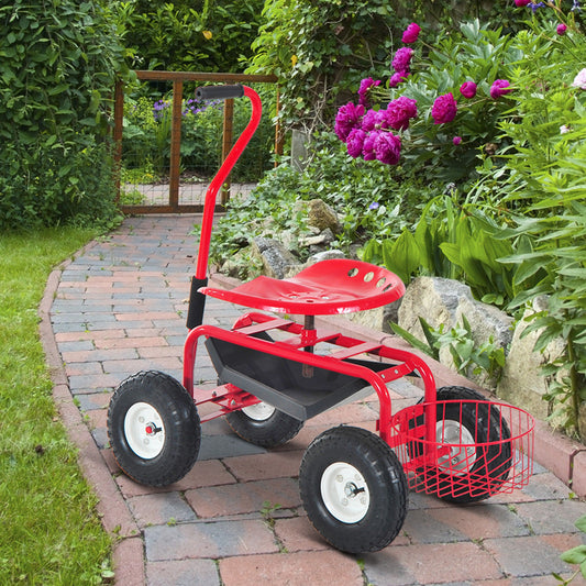 outsunny-adjustable-rolling-garden-cart-outdoor-garden-planting-station-trolley-swivel-gardener-work-seat-heavy-duty-w-tool-tray-basket-red-150kg