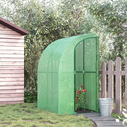 outsunny-walk-in-greenhouse-lean-to-wall-tunnel-greenhouse-with-zippered-roll-up-door-pe-cover-and-steel-frame-for-garden-143-x-118-x-212-cm