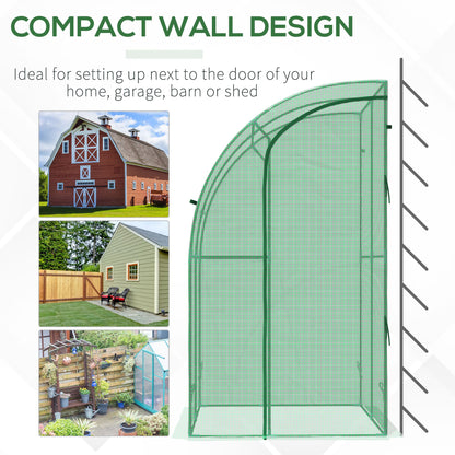 outsunny-walk-in-greenhouse-lean-to-wall-tunnel-greenhouse-with-zippered-roll-up-door-pe-cover-and-steel-frame-for-garden-143-x-118-x-212-cm