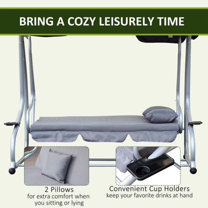 outsunny-2-in-1-garden-swing-seat-bed-3-seater-swing-chair-hammock-bench-bed-with-tilting-canopy-and-2-cushions-grey