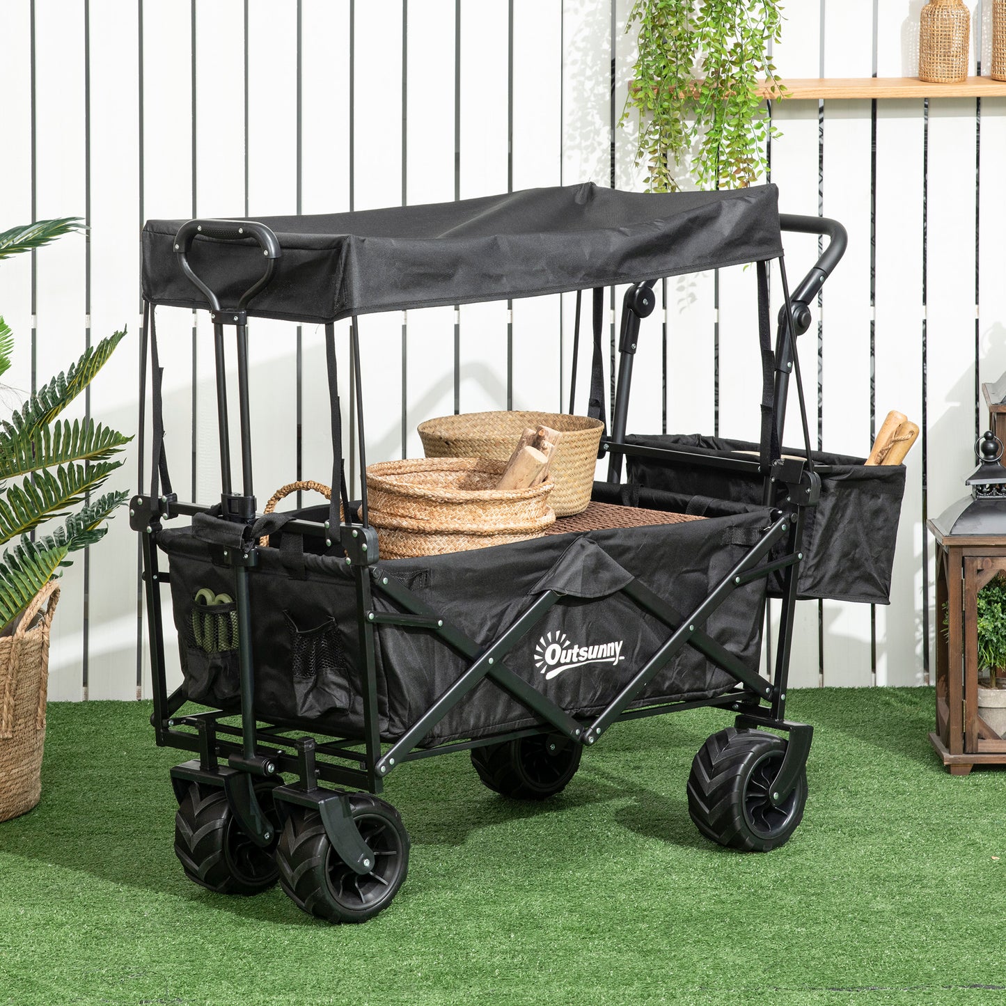 outsunny-folding-trolley-cart-storage-wagon-beach-trailer-4-wheels-with-handle-overhead-canopy-cart-push-pull-for-camping-black