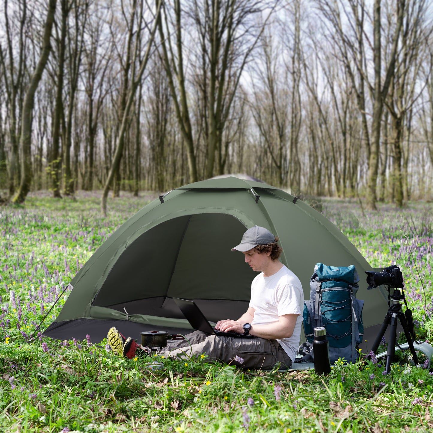outsunny-2-person-camping-tent-camouflage-tent-with-zipped-doors-storage-pocket-portable-handy-bag-dark-green