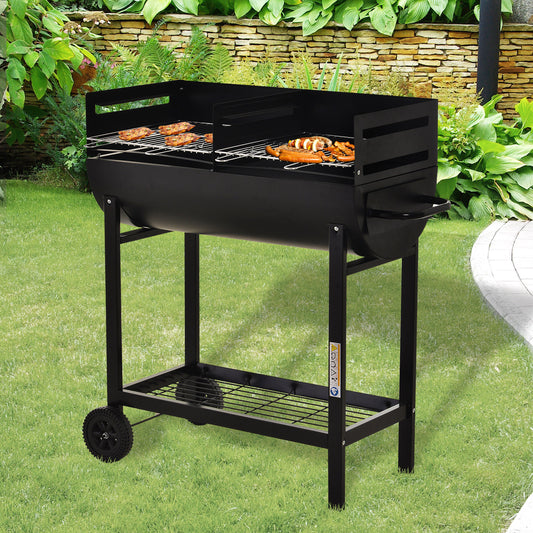 outsunny-charcoal-barbecue-grill-garden-bbq-trolley-w-dual-grill-adjustable-grill-nets-heat-resistant-steel-wheels-black