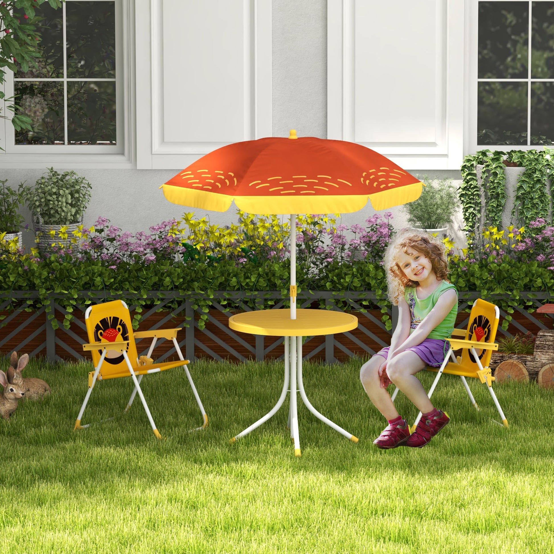outsunny-kids-picnic-table-and-chair-set-lion-themed-outdoor-garden-furniture-w-foldable-chairs-adjustable-parasol-yellow
