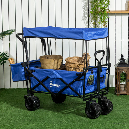 outsunny-folding-trolley-cart-storage-wagon-beach-trailer-4-wheels-with-handle-overhead-canopy-cart-push-pull-for-camping-blue