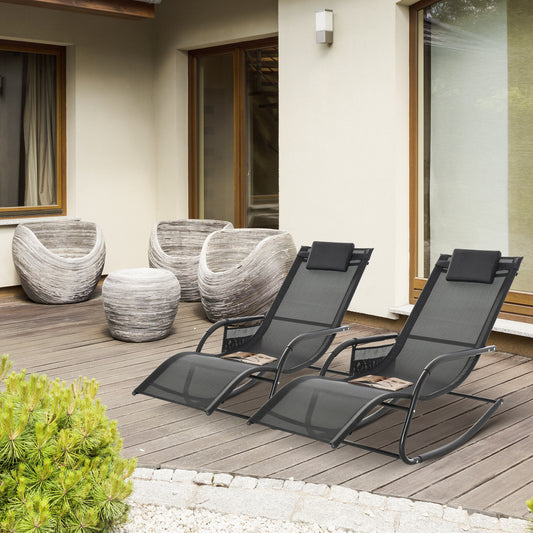 outsunny-2pcs-outdoor-garden-rocking-chair-patio-sun-lounger-rocker-chair-with-breathable-mesh-fabric-removable-headrest-pillow-armrest-side-storage-bag-black