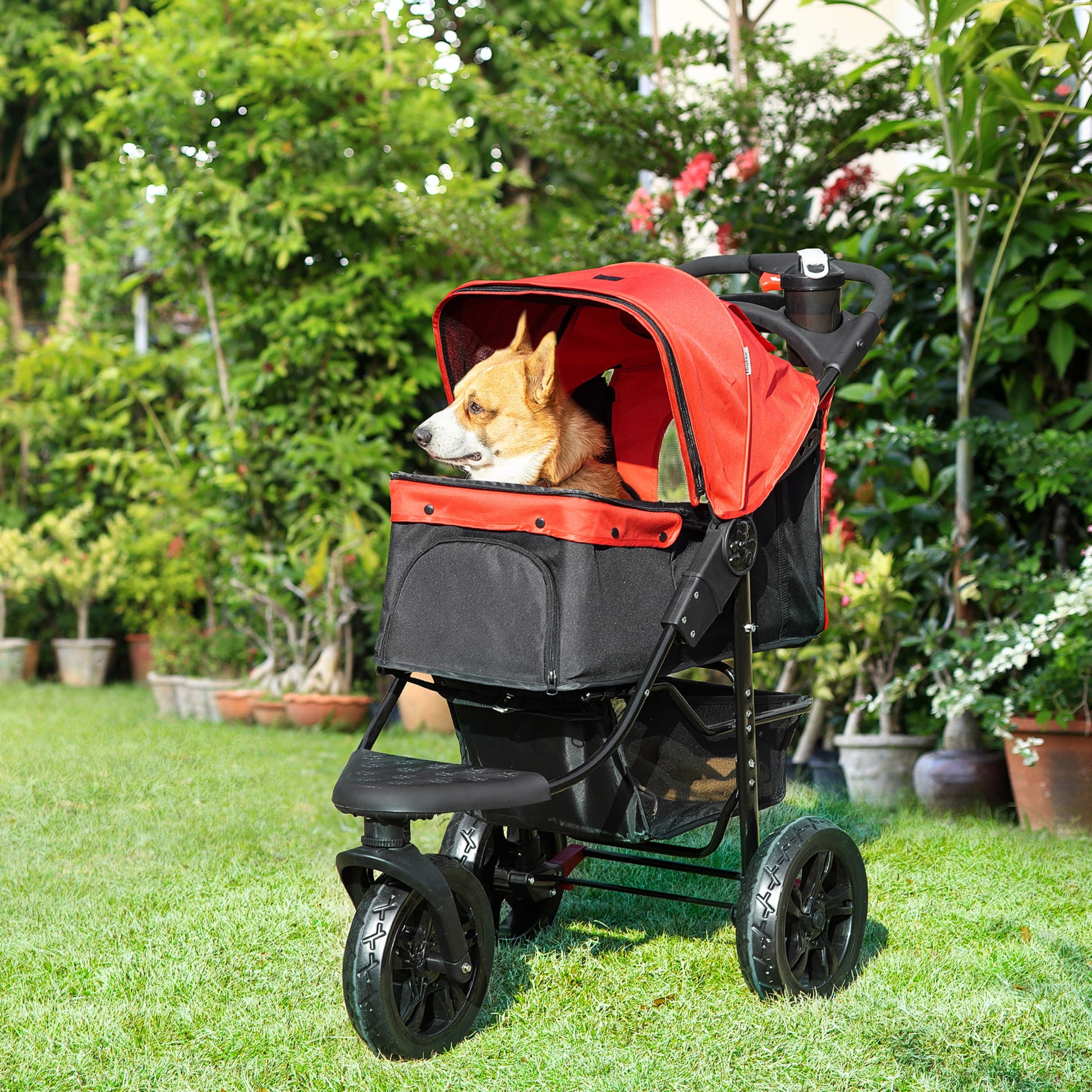 PawHut Oxford Cloth Folding 3-Wheel Pet Stroller Dog Trolley Red/Black – GardenArch
