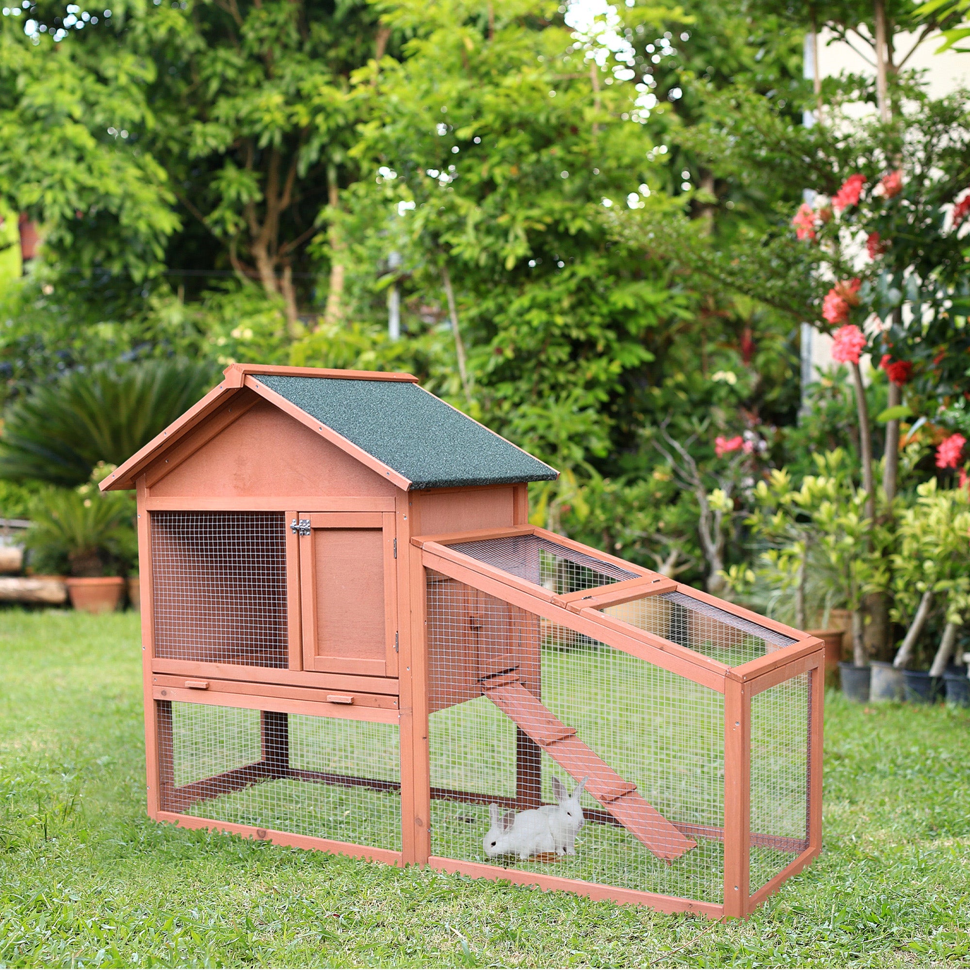 Soled Rabbit PawHut 2 Tier Rabbit Cage, Solid Wood Bunny House, Water Resistant Asp ...