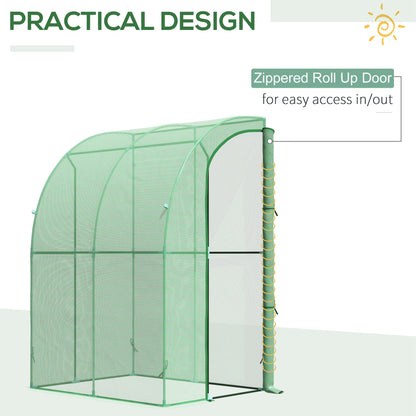 outsunny-walk-in-greenhouse-lean-to-wall-tunnel-greenhouse-with-zippered-roll-up-door-pe-cover-and-steel-frame-for-garden-143-x-118-x-212-cm
