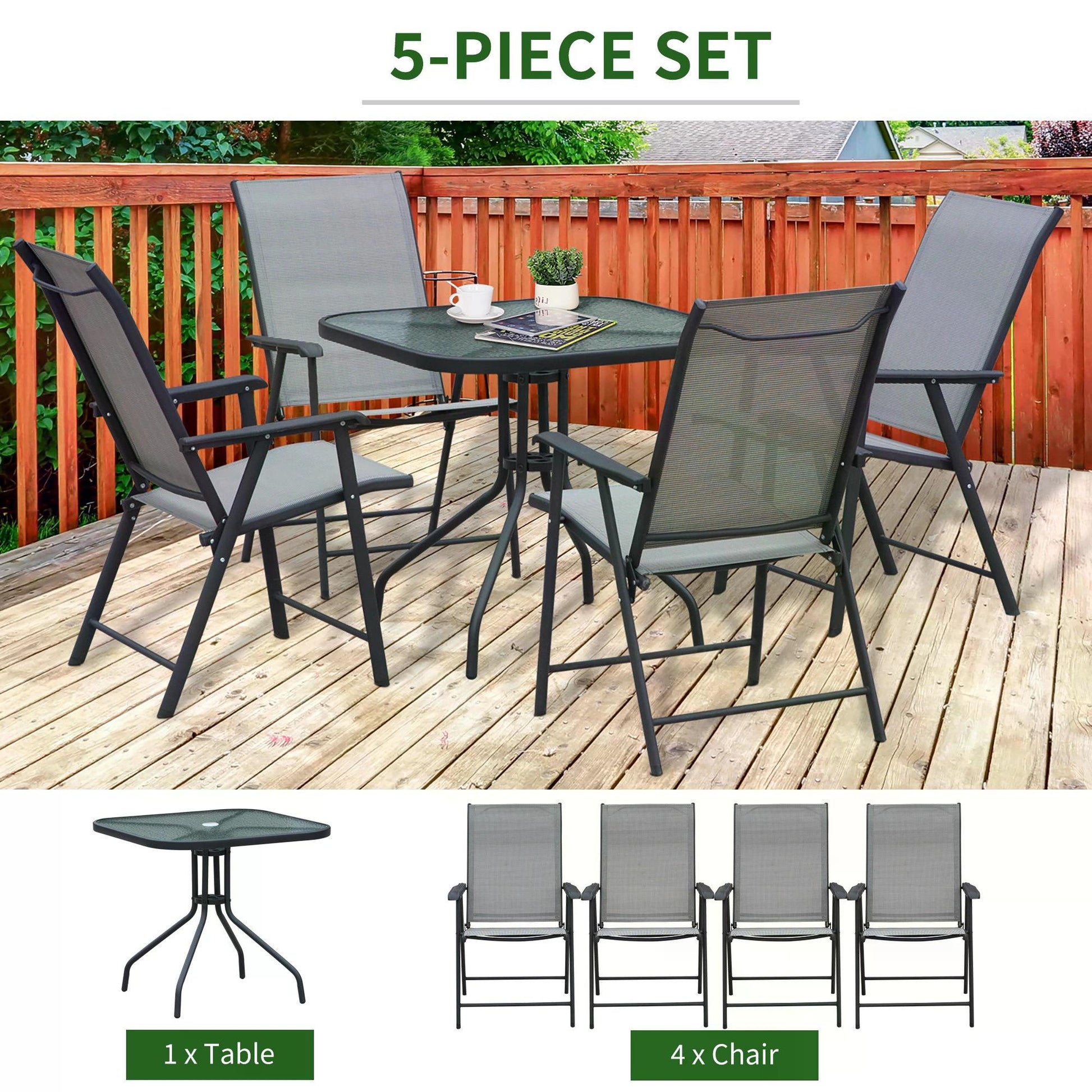 outsunny-5pcs-classic-outdoor-dining-set-steel-frames-w-4-folding-chairs-glass-top-table-texteline-seats-parasol-hole-garden-dining-black-grey