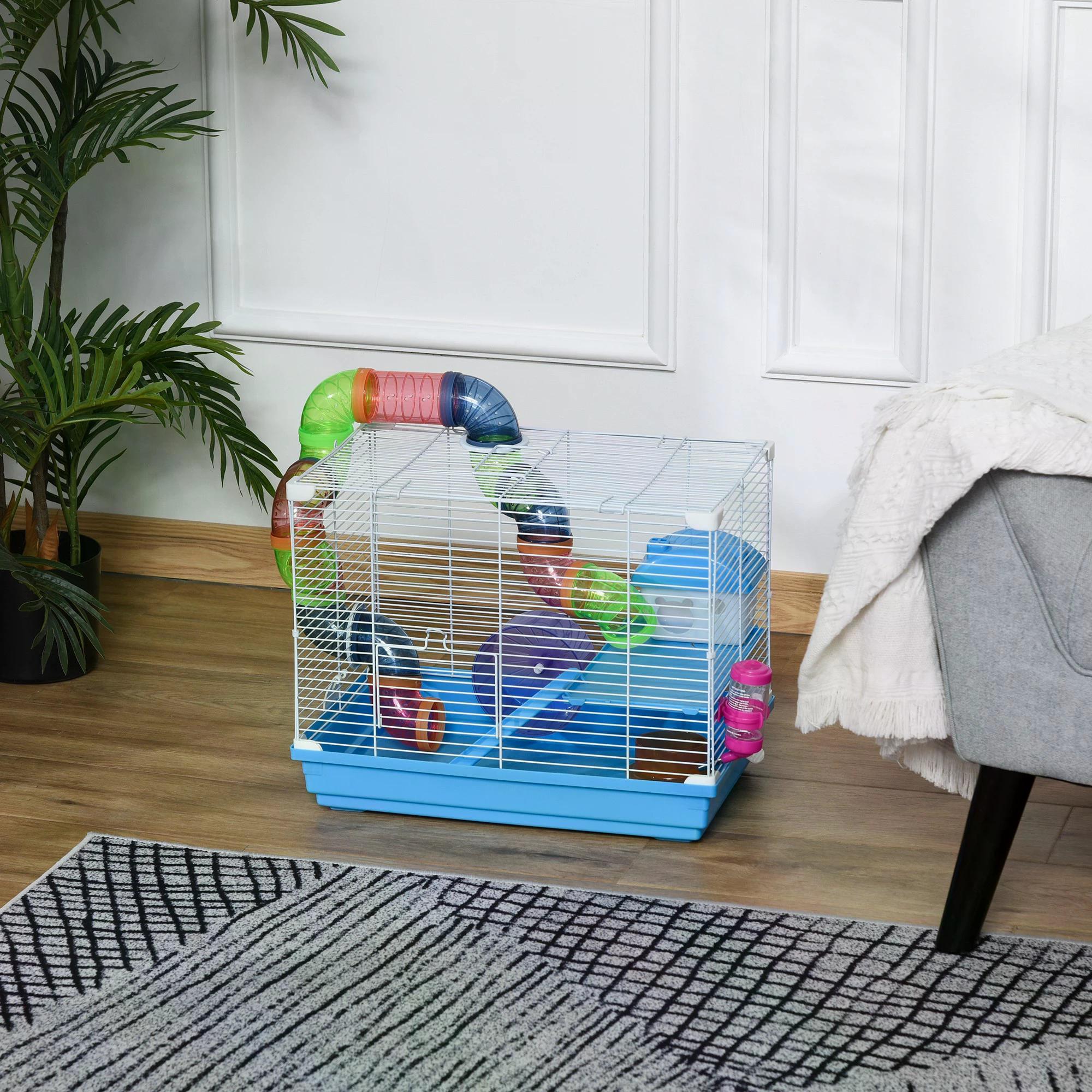 Image showcasing Pawhut 2 Tier Hamster Cage Carrier Habitat Small Animal House with Exe ...